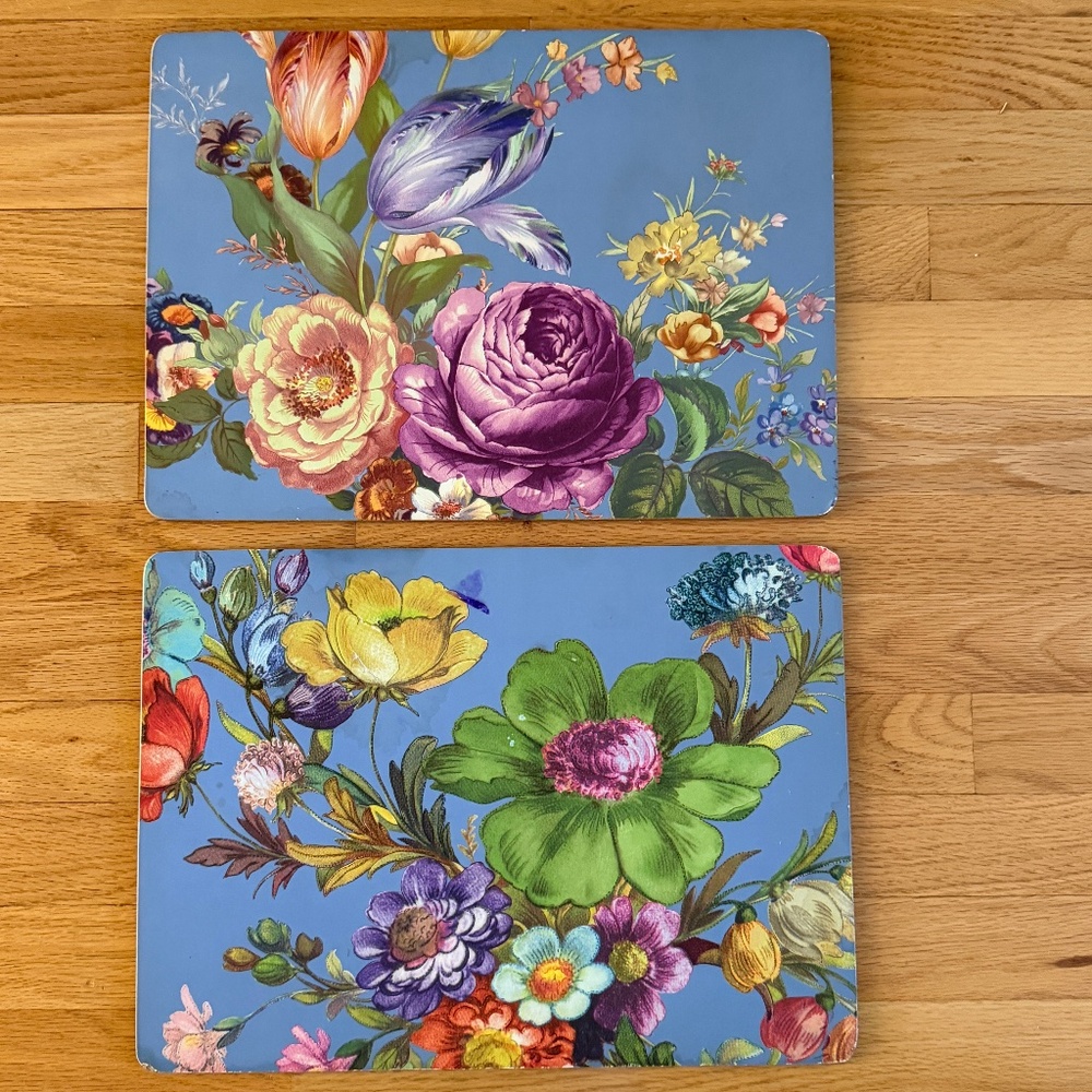Mackenzie Childs Set of 2 Place Mats Boards Flowers Blue
